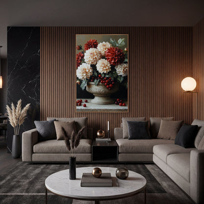 Dahlia Cranberry Cascade Bowl Still Life wall art in an elegant modern room – cream and crimson dahlias with red