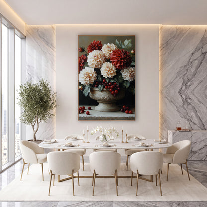 Dahlia Cranberry Cascade Bowl Still Life wall art in an elegant modern room – cream and crimson dahlias with red