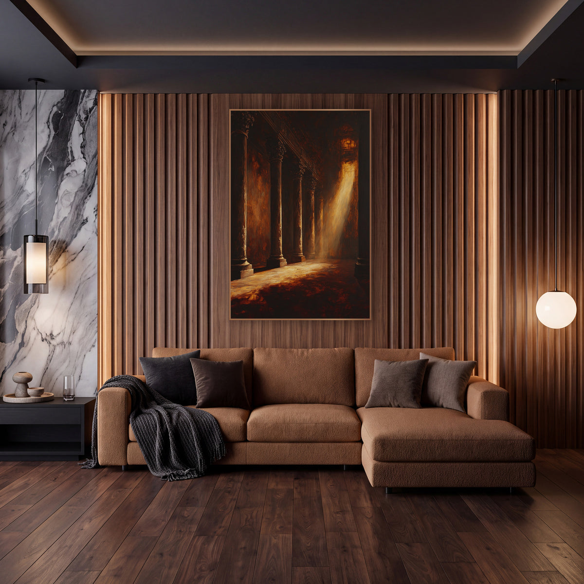 Amber Light Columns Dramatic Interior wall art in an elegant modern room – dark hall of tall carved columns
