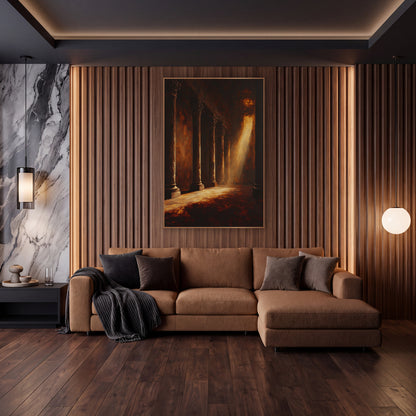 Amber Light Columns Dramatic Interior wall art in an elegant modern room – dark hall of tall carved columns