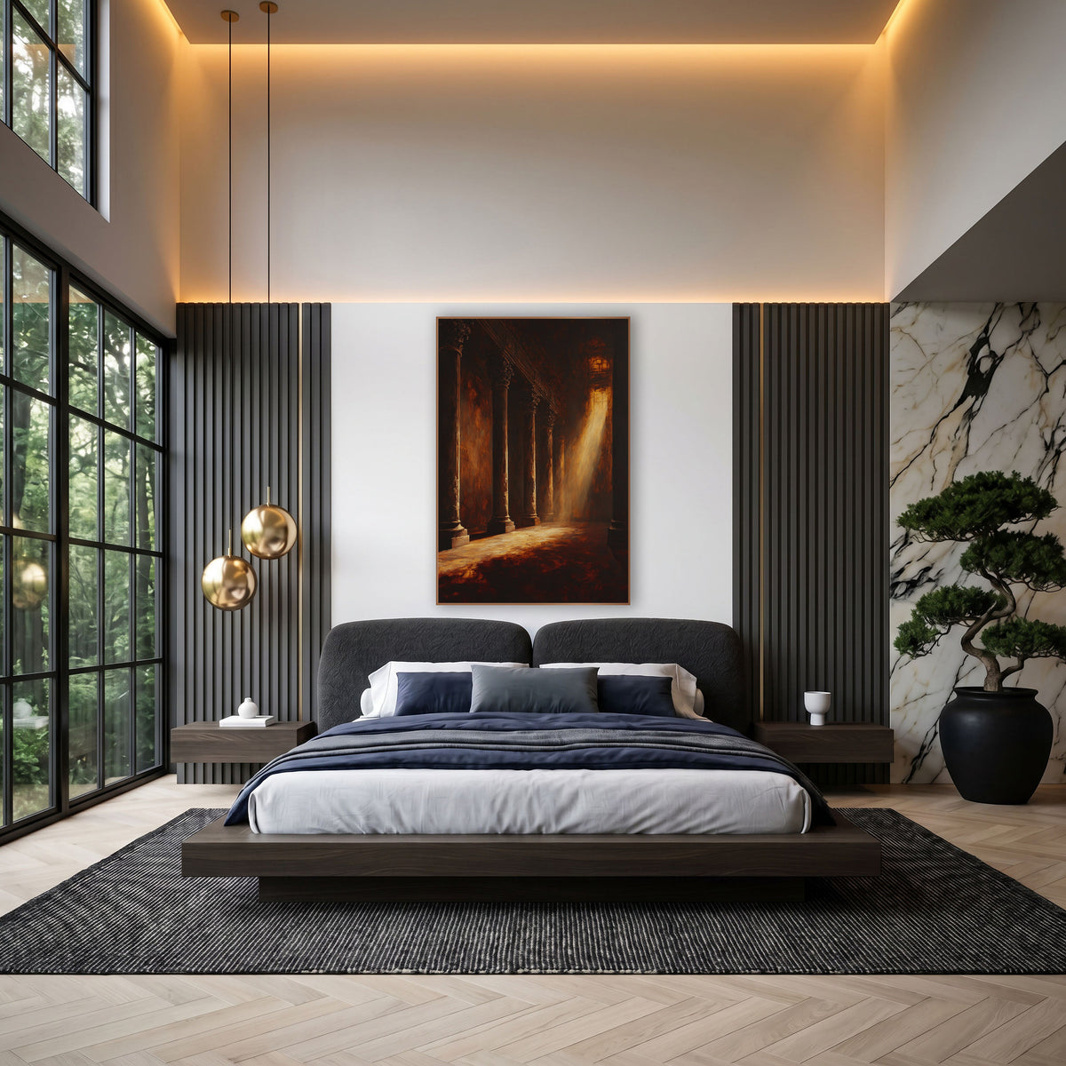 Amber Light Columns Dramatic Interior wall art in an elegant modern room – dark hall of tall carved columns