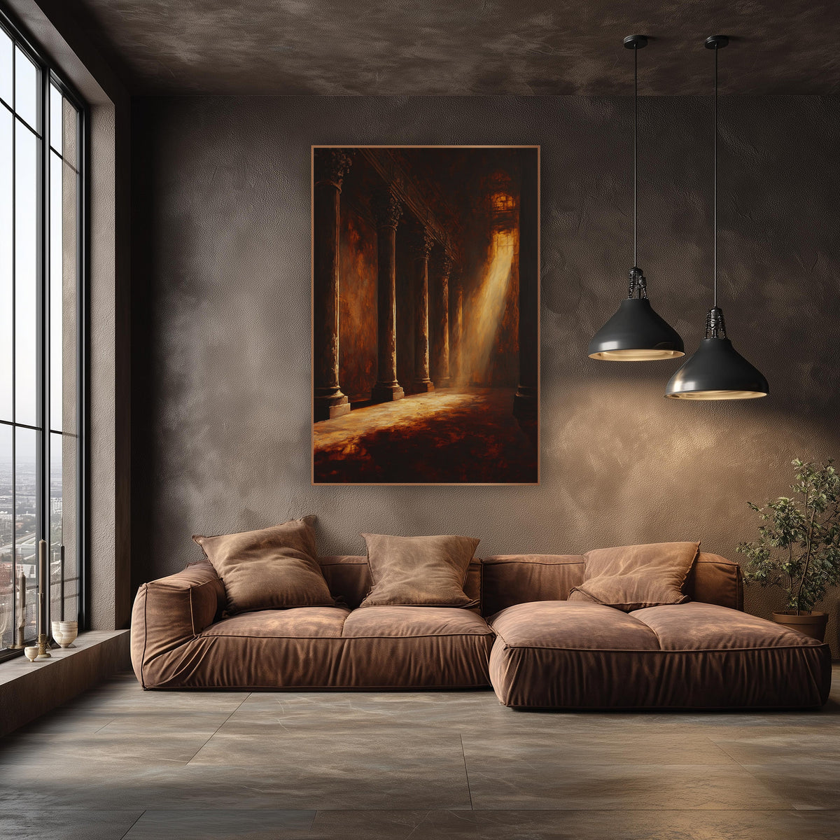 Amber Light Columns Dramatic Interior wall art in an elegant modern room – dark hall of tall carved columns