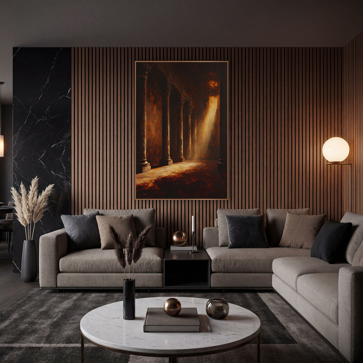 Amber Light Columns Dramatic Interior wall art in an elegant modern room – dark hall of tall carved columns