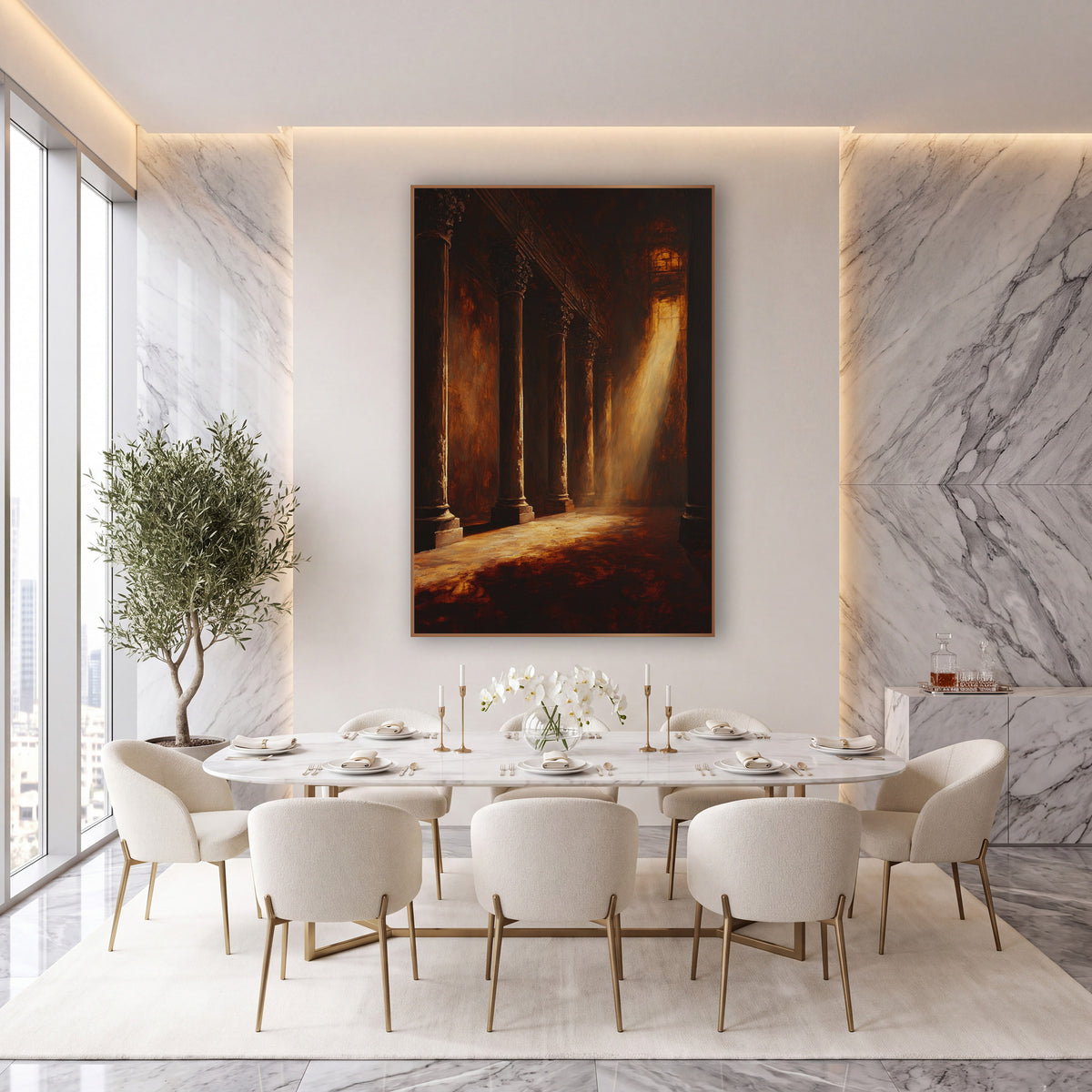 Amber Light Columns Dramatic Interior wall art in an elegant modern room – dark hall of tall carved columns