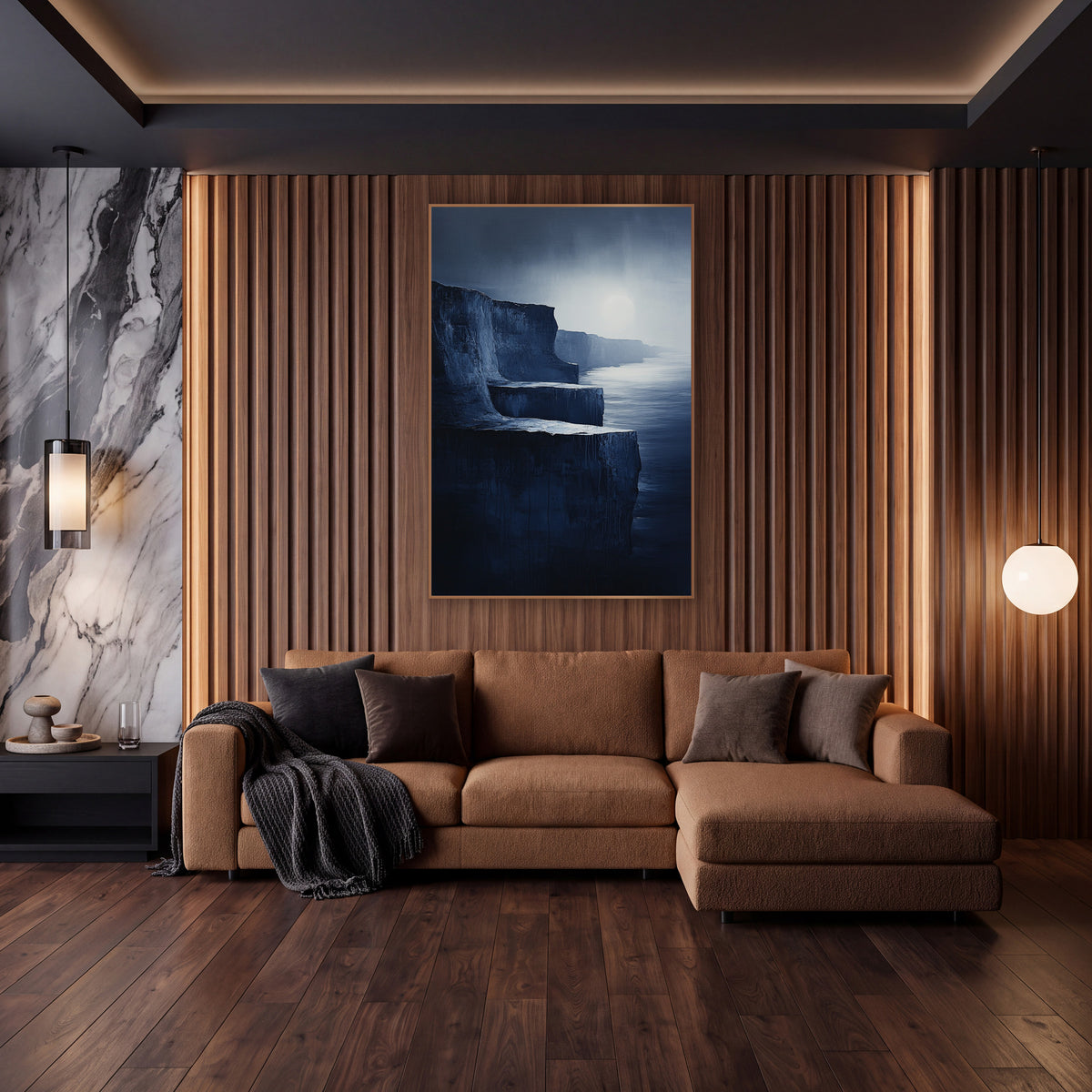 Moonlit Stepped Cliffs Painterly wall art in an elegant modern room – dark stepped coastal cliffs in midnight blue