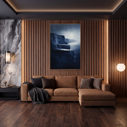 Moonlit Stepped Cliffs Painterly wall art in an elegant modern room – dark stepped coastal cliffs in midnight blue