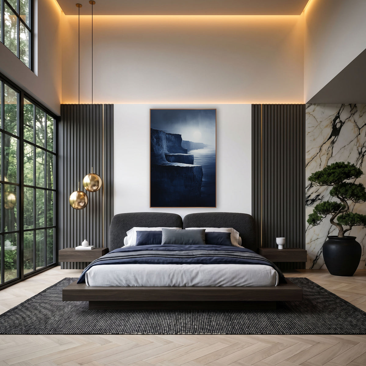 Moonlit Stepped Cliffs Painterly wall art in an elegant modern room – dark stepped coastal cliffs in midnight blue