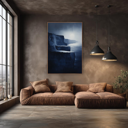 Moonlit Stepped Cliffs Painterly wall art in an elegant modern room – dark stepped coastal cliffs in midnight blue