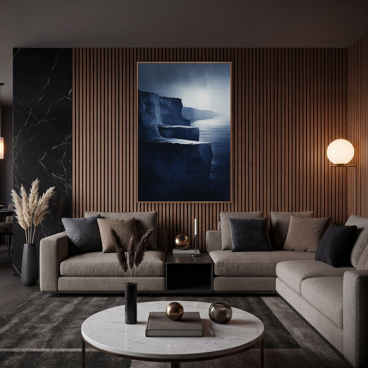 Moonlit Stepped Cliffs Painterly wall art in an elegant modern room – dark stepped coastal cliffs in midnight blue