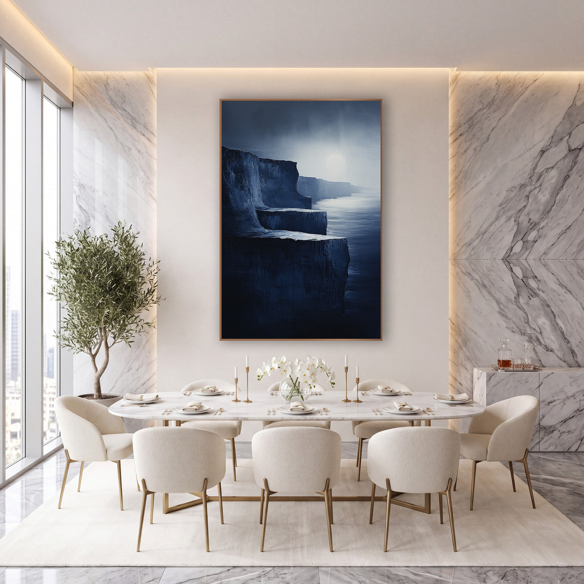 Moonlit Stepped Cliffs Painterly wall art in an elegant modern room – dark stepped coastal cliffs in midnight blue