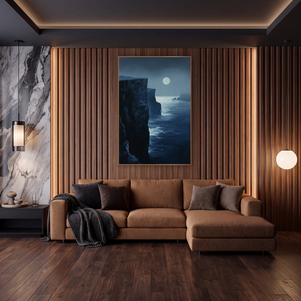 Midnight Blue Moonlit Cliffs Coastal wall art in an elegant modern room – tall dark coastal cliffs beside a calm