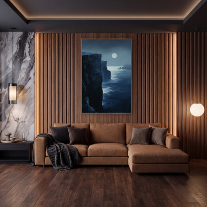 Midnight Blue Moonlit Cliffs Coastal wall art in an elegant modern room – tall dark coastal cliffs beside a calm