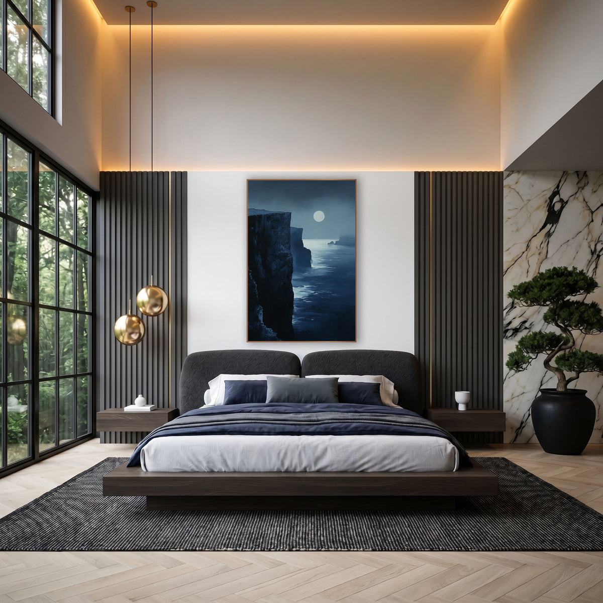 Midnight Blue Moonlit Cliffs Coastal wall art in an elegant modern room – tall dark coastal cliffs beside a calm