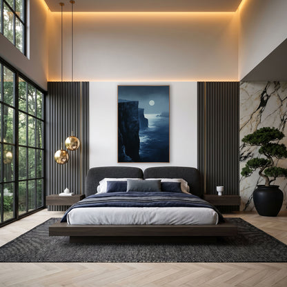 Midnight Blue Moonlit Cliffs Coastal wall art in an elegant modern room – tall dark coastal cliffs beside a calm