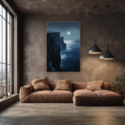Midnight Blue Moonlit Cliffs Coastal wall art in an elegant modern room – tall dark coastal cliffs beside a calm