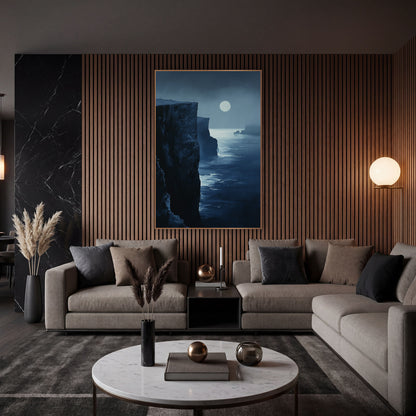Midnight Blue Moonlit Cliffs Coastal wall art in an elegant modern room – tall dark coastal cliffs beside a calm