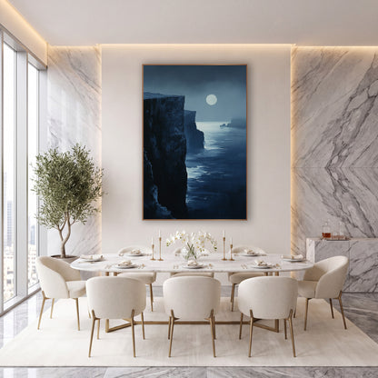 Midnight Blue Moonlit Cliffs Coastal wall art in an elegant modern room – tall dark coastal cliffs beside a calm