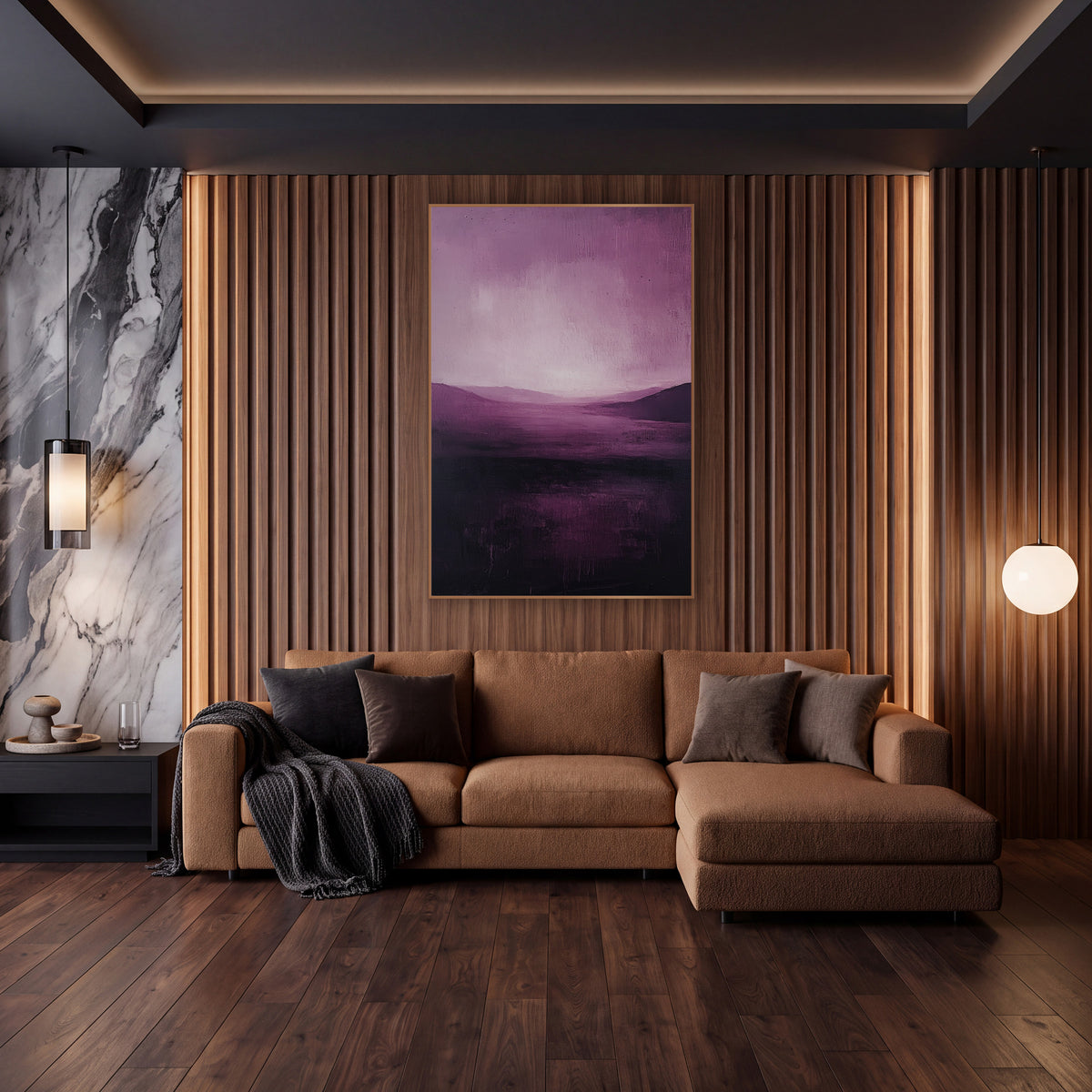 Plum Valley Abstract Landscape wall art in an elegant modern room – abstract plum landscape with a glowing pale pink