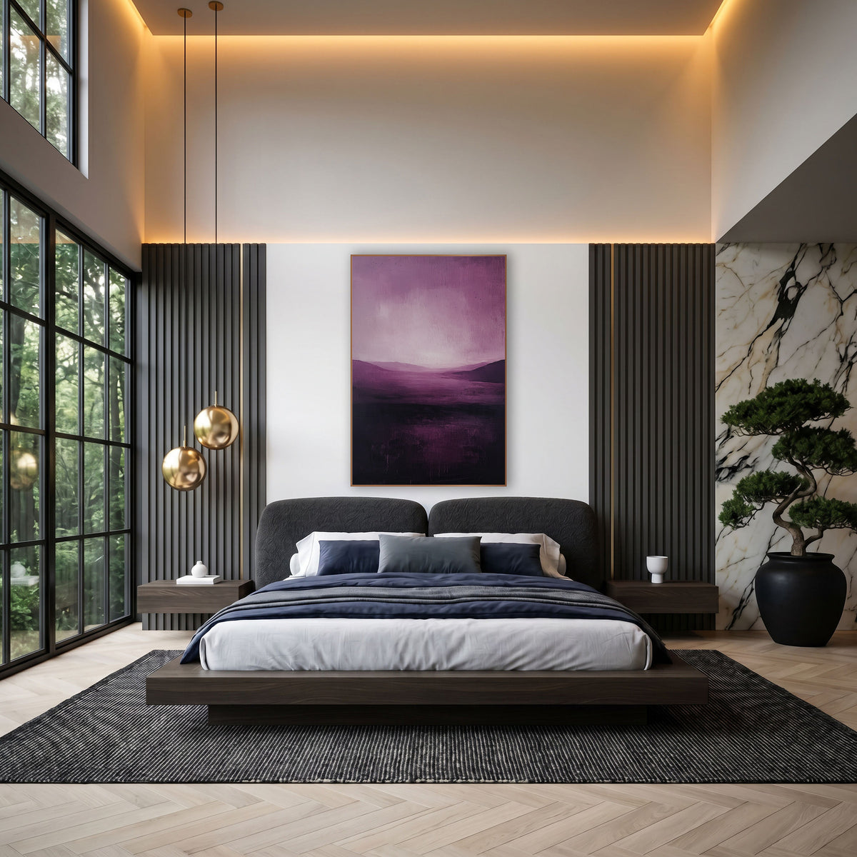 Plum Valley Abstract Landscape wall art in an elegant modern room – abstract plum landscape with a glowing pale pink