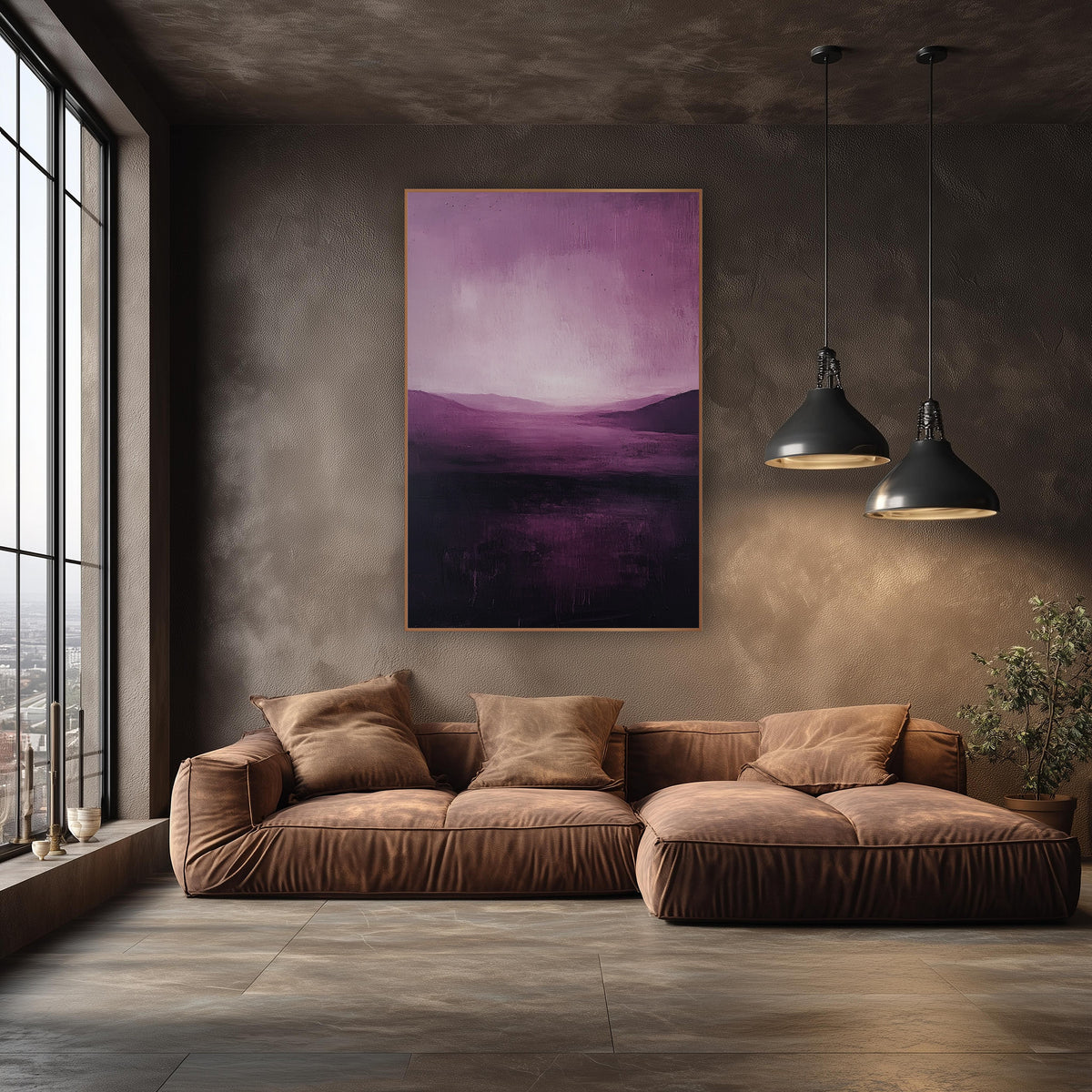 Plum Valley Abstract Landscape wall art in an elegant modern room – abstract plum landscape with a glowing pale pink