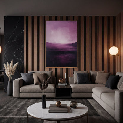 Plum Valley Abstract Landscape wall art in an elegant modern room – abstract plum landscape with a glowing pale pink