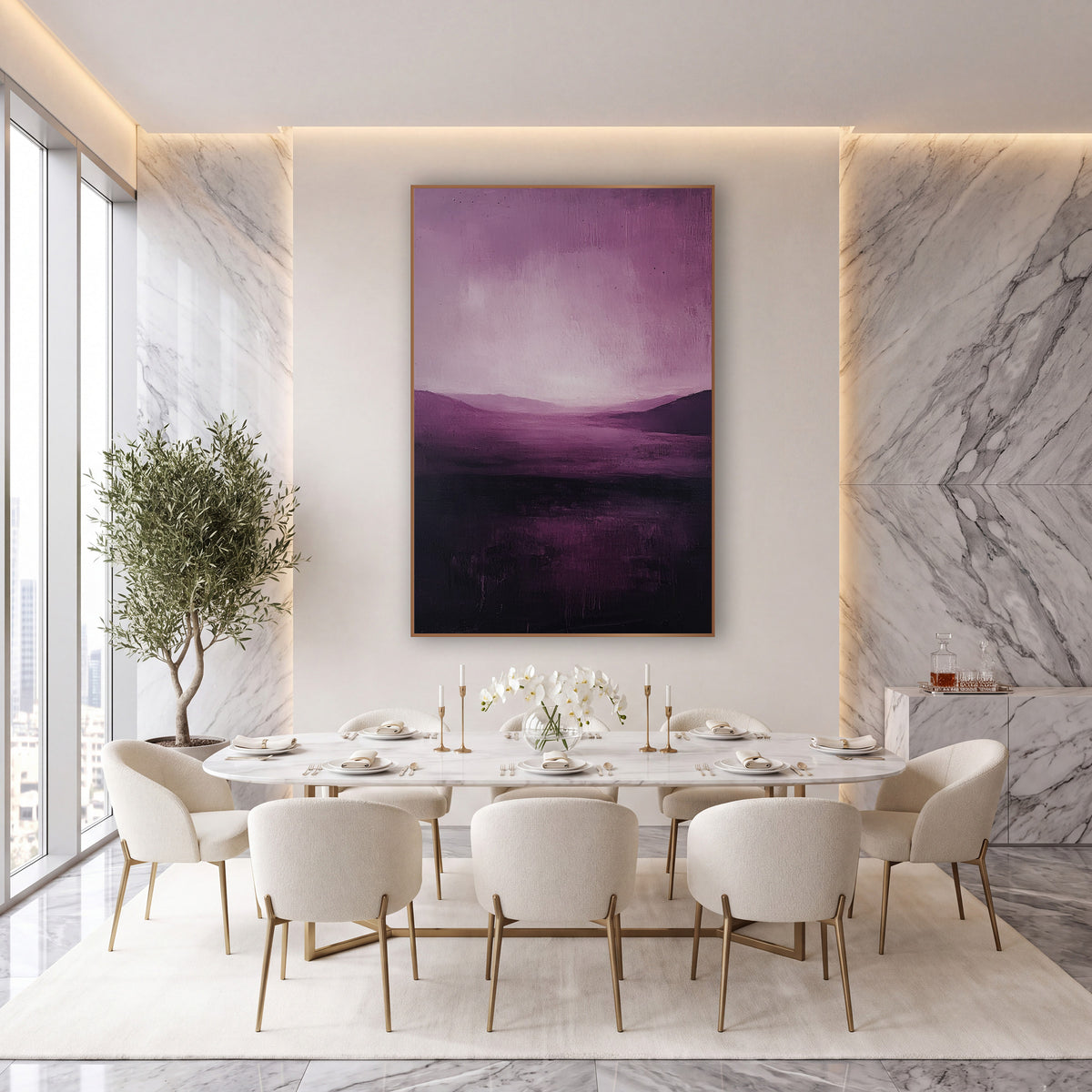 Plum Valley Abstract Landscape wall art in an elegant modern room – abstract plum landscape with a glowing pale pink