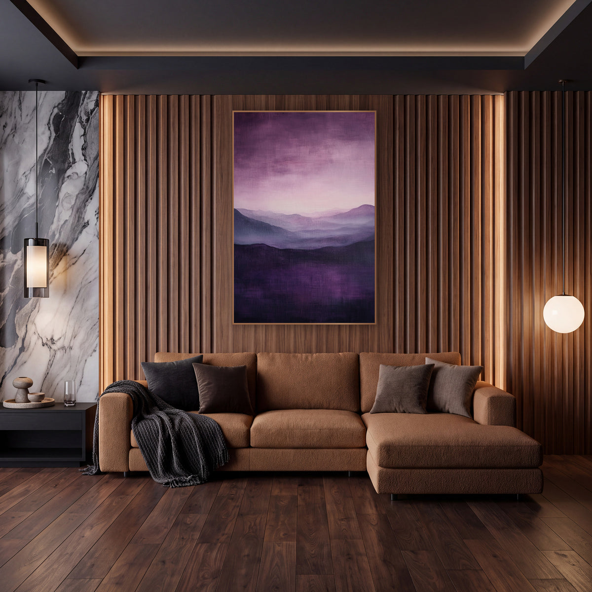 Plum Misty Mountain Landscape Abstract wall art in an elegant modern room – abstract landscape of layered plum