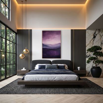 Plum Misty Mountain Landscape Abstract wall art in an elegant modern room – abstract landscape of layered plum