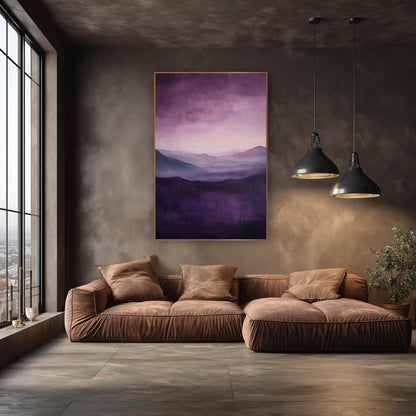 Plum Misty Mountain Landscape Abstract wall art in an elegant modern room – abstract landscape of layered plum