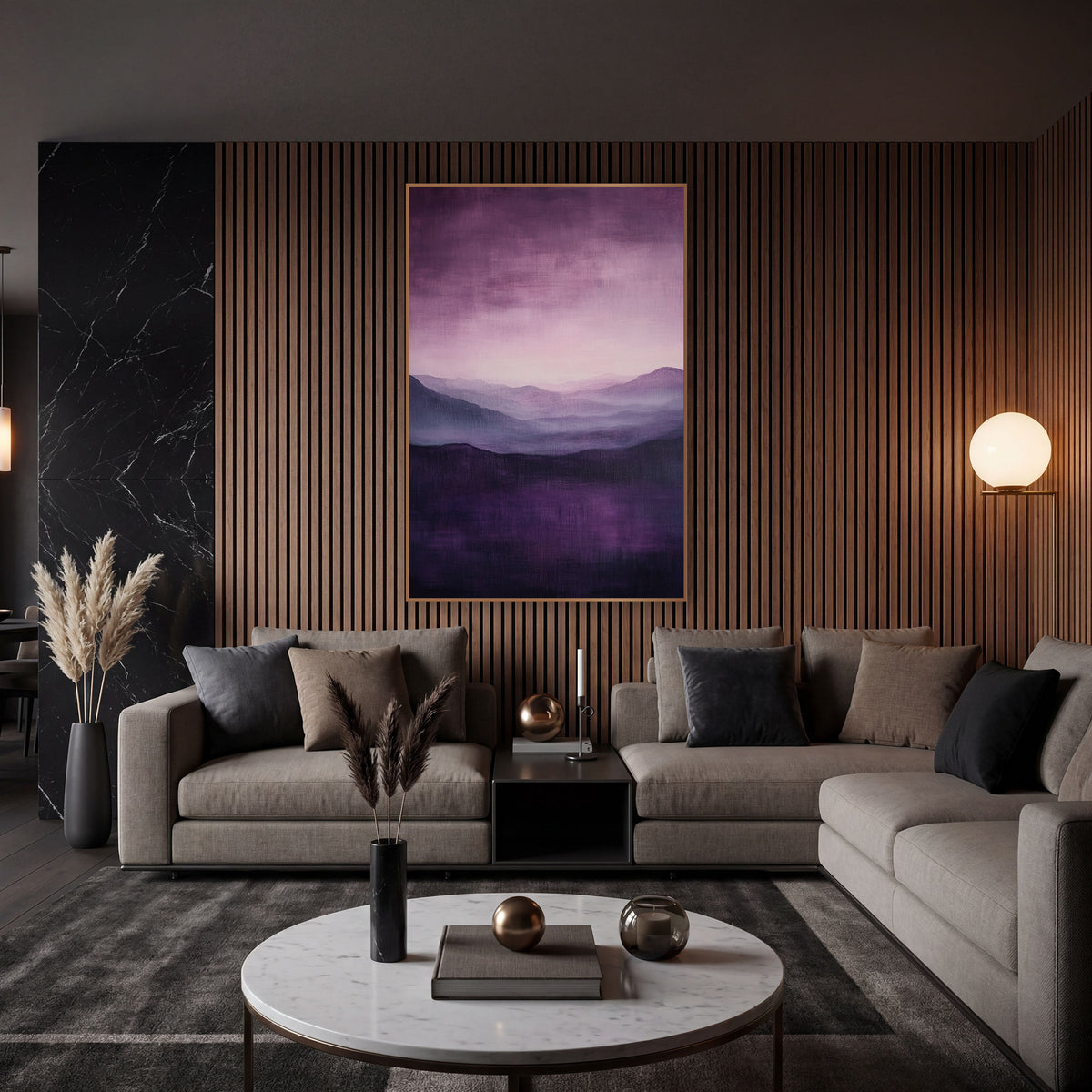 Plum Misty Mountain Landscape Abstract wall art in an elegant modern room – abstract landscape of layered plum