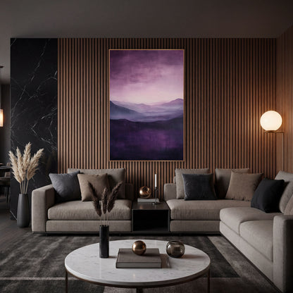 Plum Misty Mountain Landscape Abstract wall art in an elegant modern room – abstract landscape of layered plum