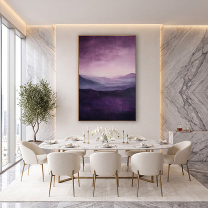 Plum Misty Mountain Landscape Abstract wall art in an elegant modern room – abstract landscape of layered plum