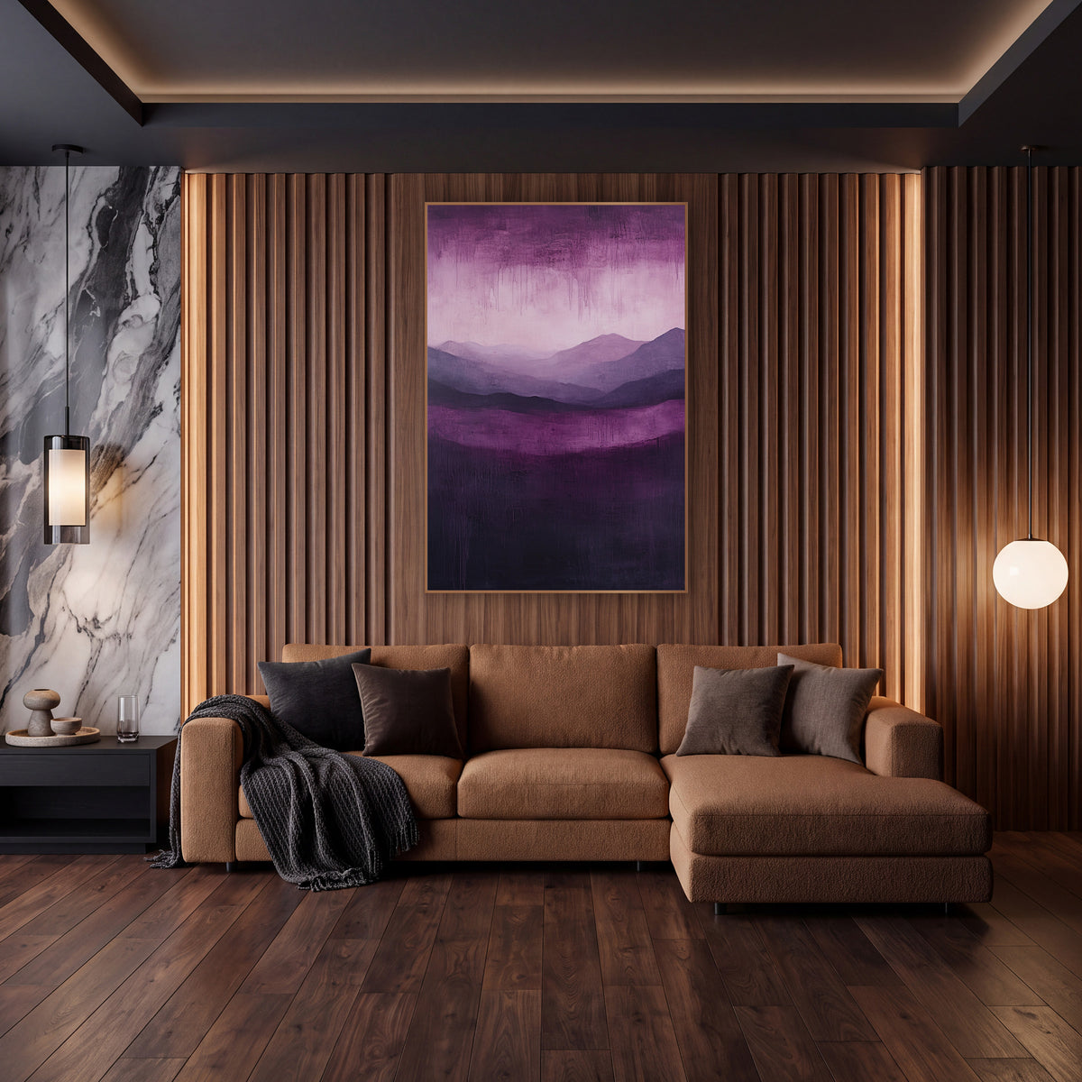 Plum Layered Mountains Abstract Landscape wall art in an elegant modern room – abstract landscape of layered lilac