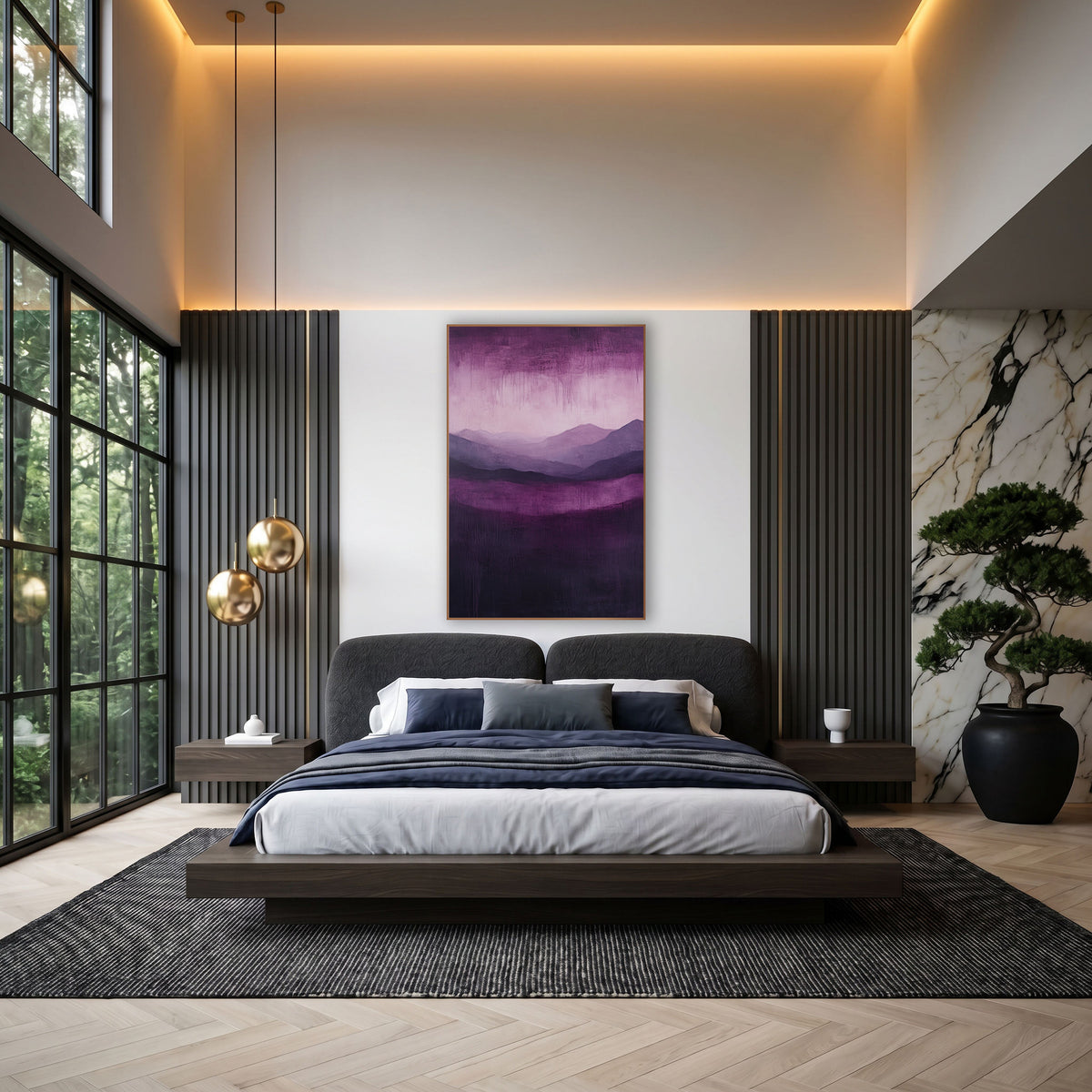 Plum Layered Mountains Abstract Landscape wall art in an elegant modern room – abstract landscape of layered lilac