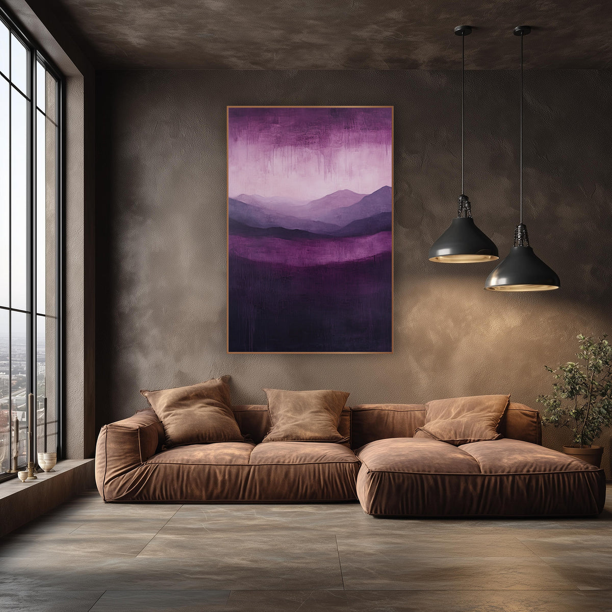 Plum Layered Mountains Abstract Landscape wall art in an elegant modern room – abstract landscape of layered lilac