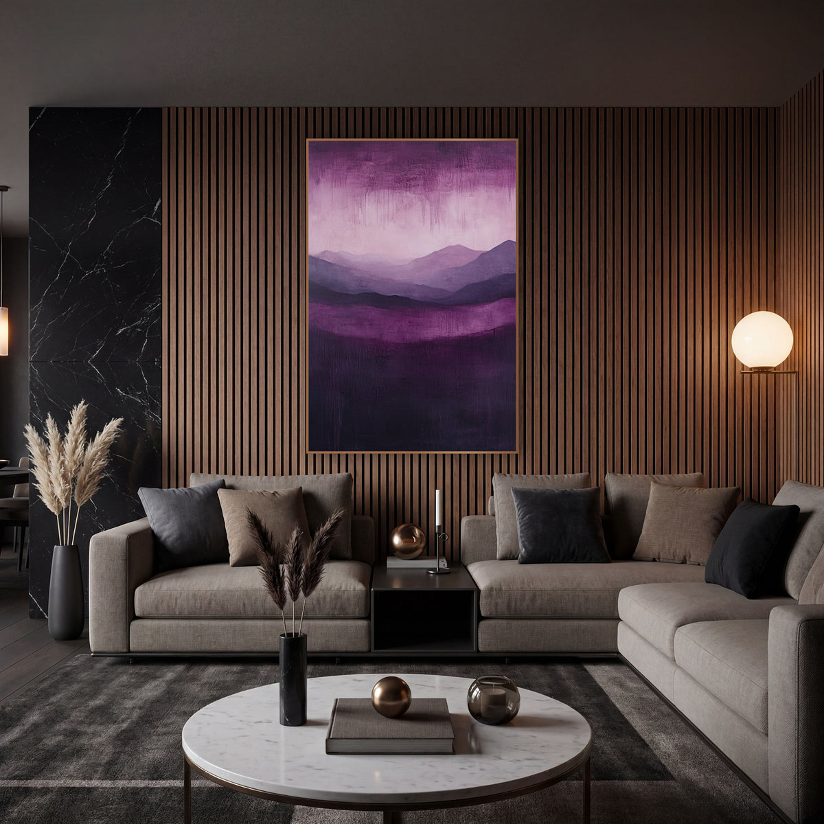 Plum Layered Mountains Abstract Landscape wall art in an elegant modern room – abstract landscape of layered lilac