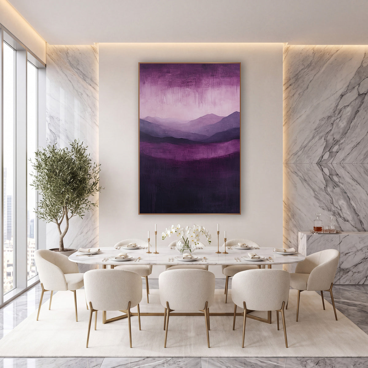 Plum Layered Mountains Abstract Landscape wall art in an elegant modern room – abstract landscape of layered lilac