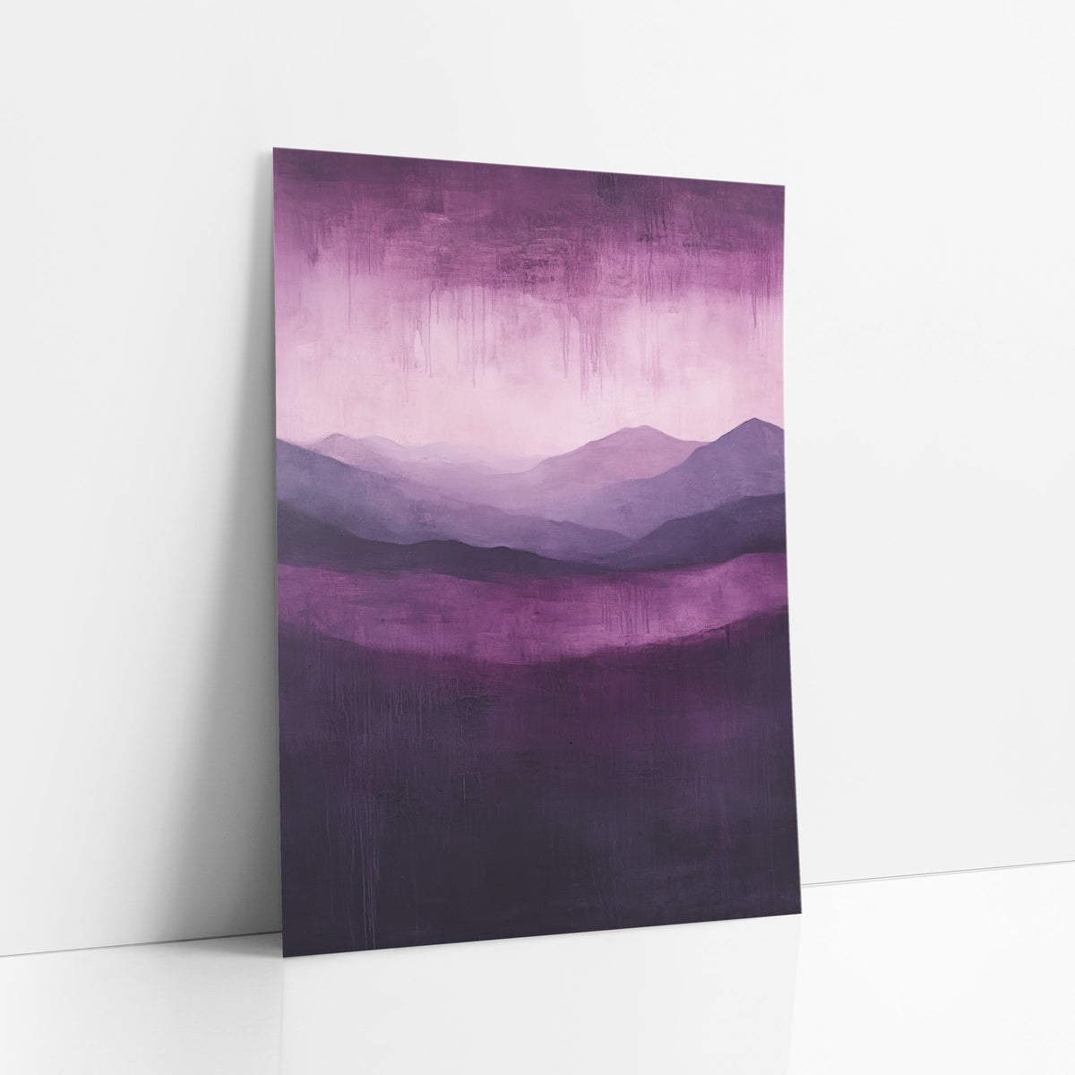 Plum Layered Mountains Abstract Landscape art print leaning against a white wall – abstract landscape of layered lilac