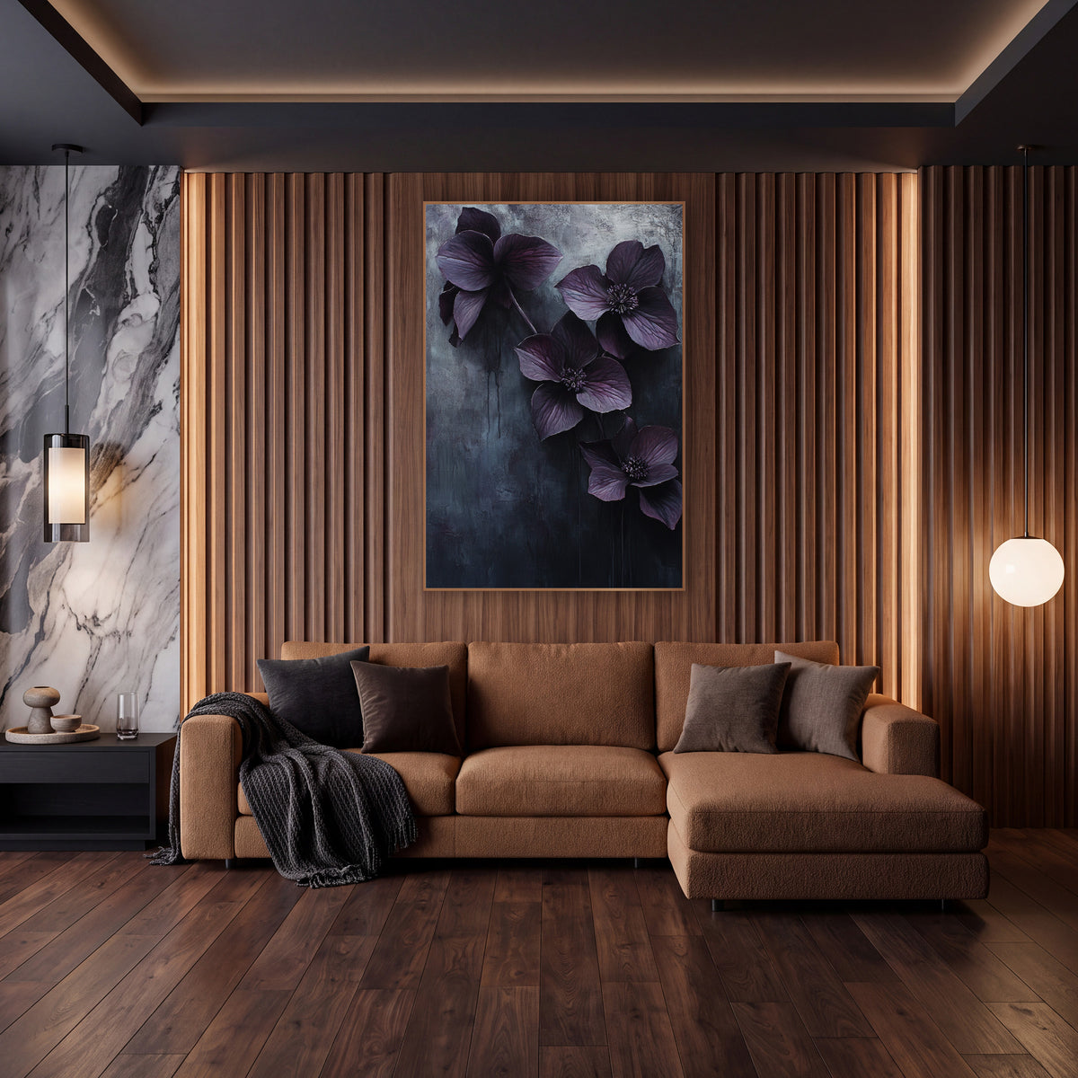 Dark Plum Hellebore Moody Botanical wall art in an elegant modern room – four dark plum hellebore flowers