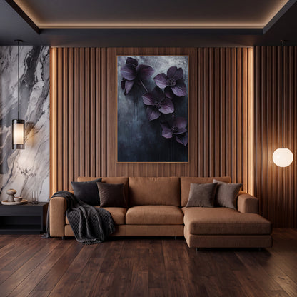 Dark Plum Hellebore Moody Botanical wall art in an elegant modern room – four dark plum hellebore flowers