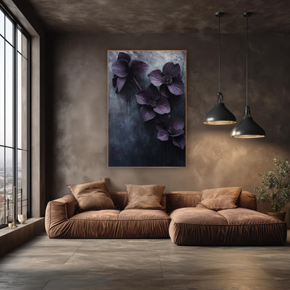 Dark Plum Hellebore Moody Botanical wall art in an elegant modern room – four dark plum hellebore flowers