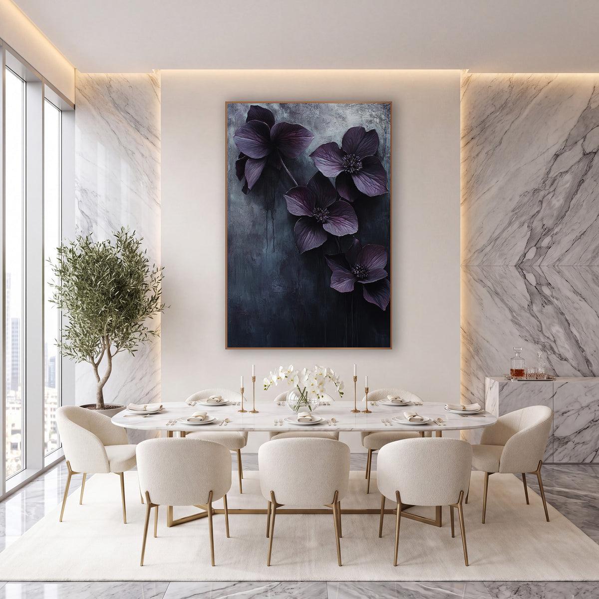 Dark Plum Hellebore Moody Botanical wall art in an elegant modern room – four dark plum hellebore flowers