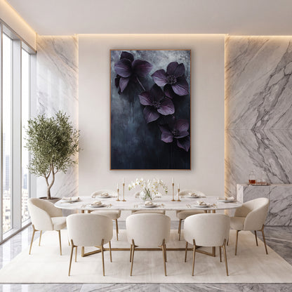 Dark Plum Hellebore Moody Botanical wall art in an elegant modern room – four dark plum hellebore flowers