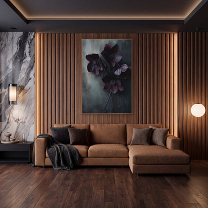 Plum Hellebore Bouquet Moody Botanical wall art in an elegant modern room – bouquet of dark plum hellebore flowers