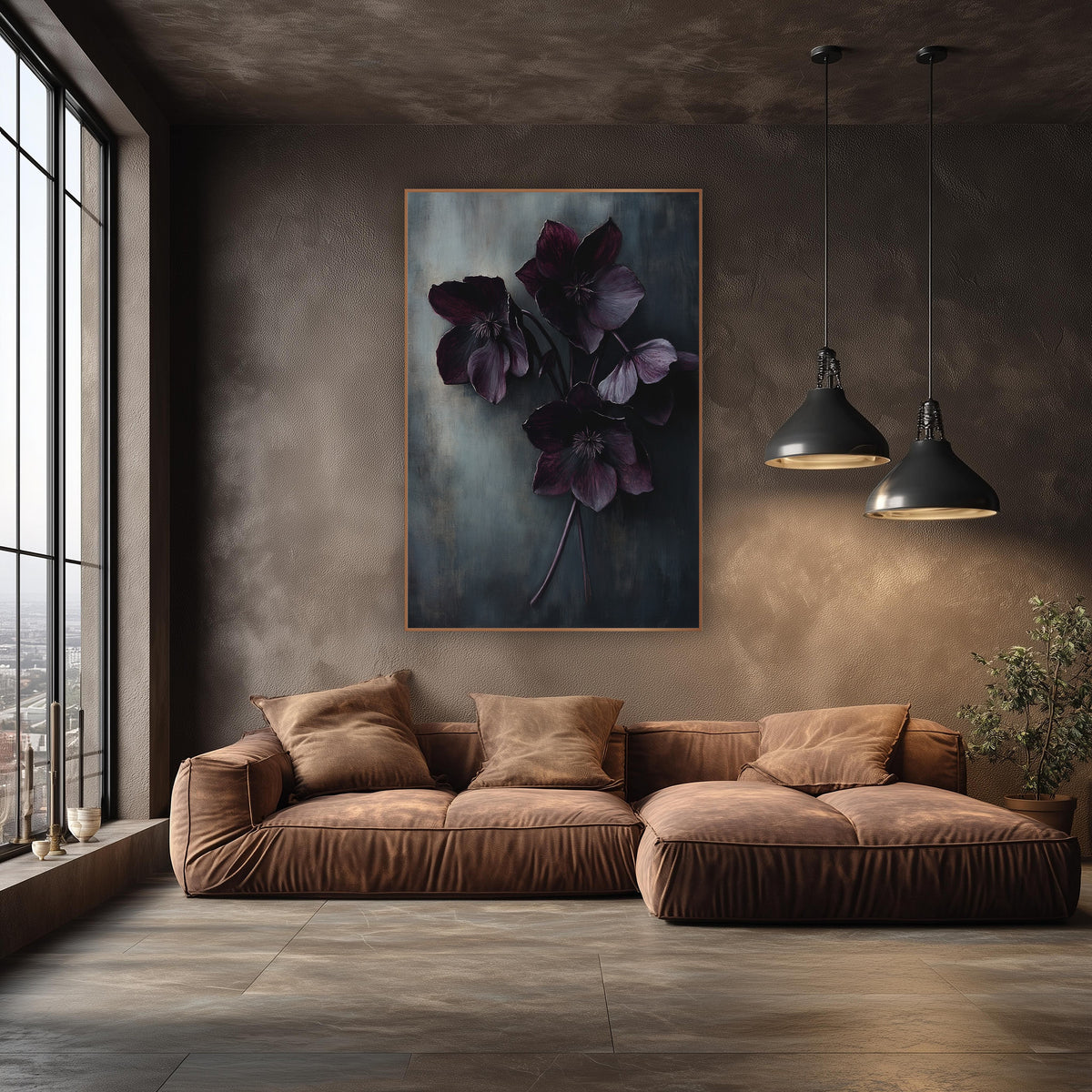 Plum Hellebore Bouquet Moody Botanical wall art in an elegant modern room – bouquet of dark plum hellebore flowers