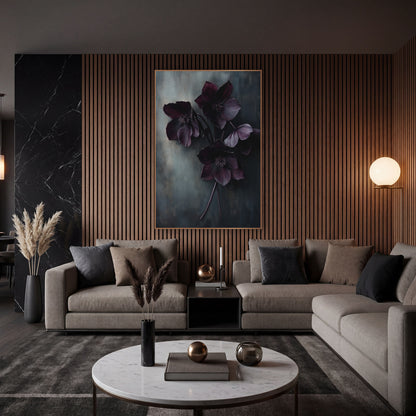Plum Hellebore Bouquet Moody Botanical wall art in an elegant modern room – bouquet of dark plum hellebore flowers