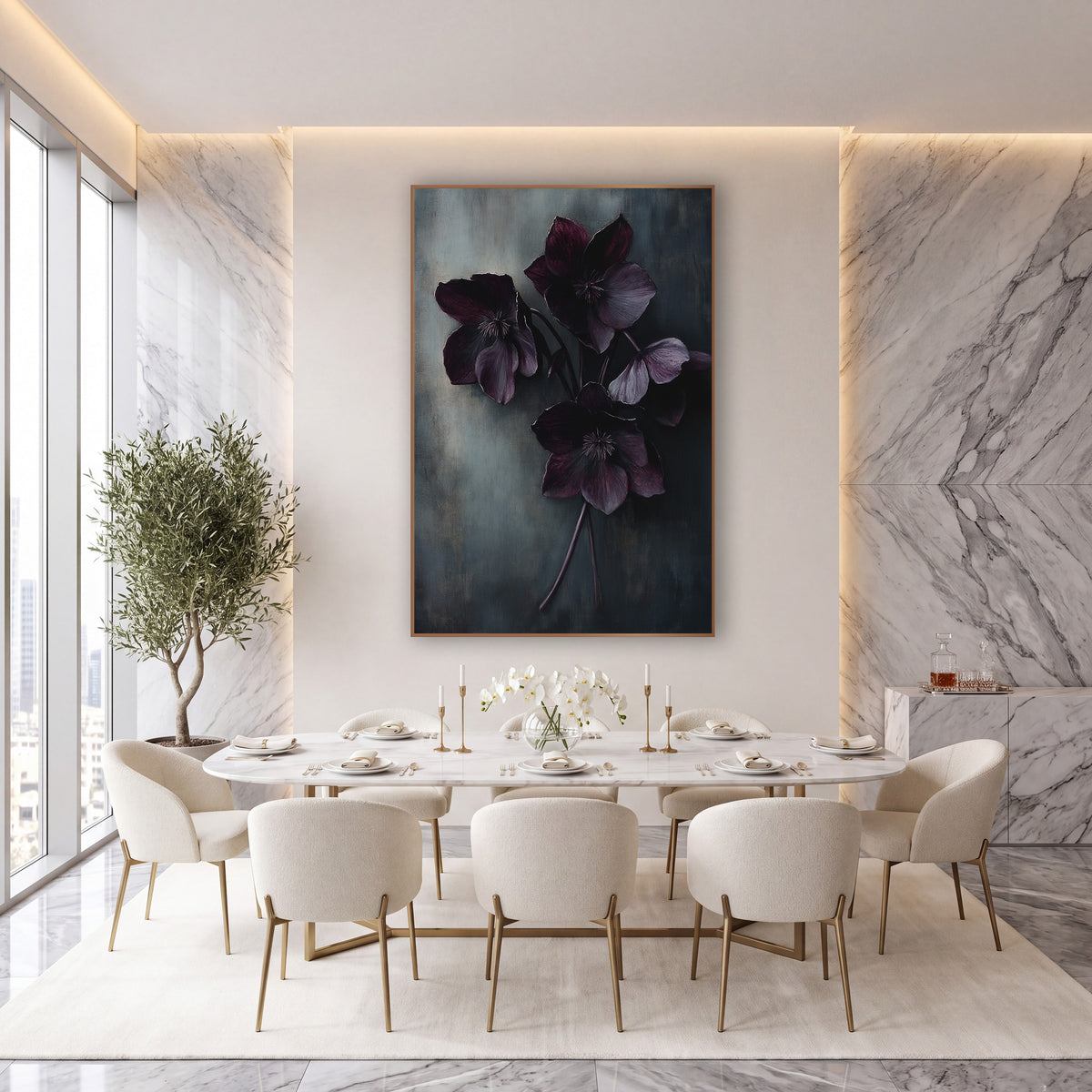 Plum Hellebore Bouquet Moody Botanical wall art in an elegant modern room – bouquet of dark plum hellebore flowers
