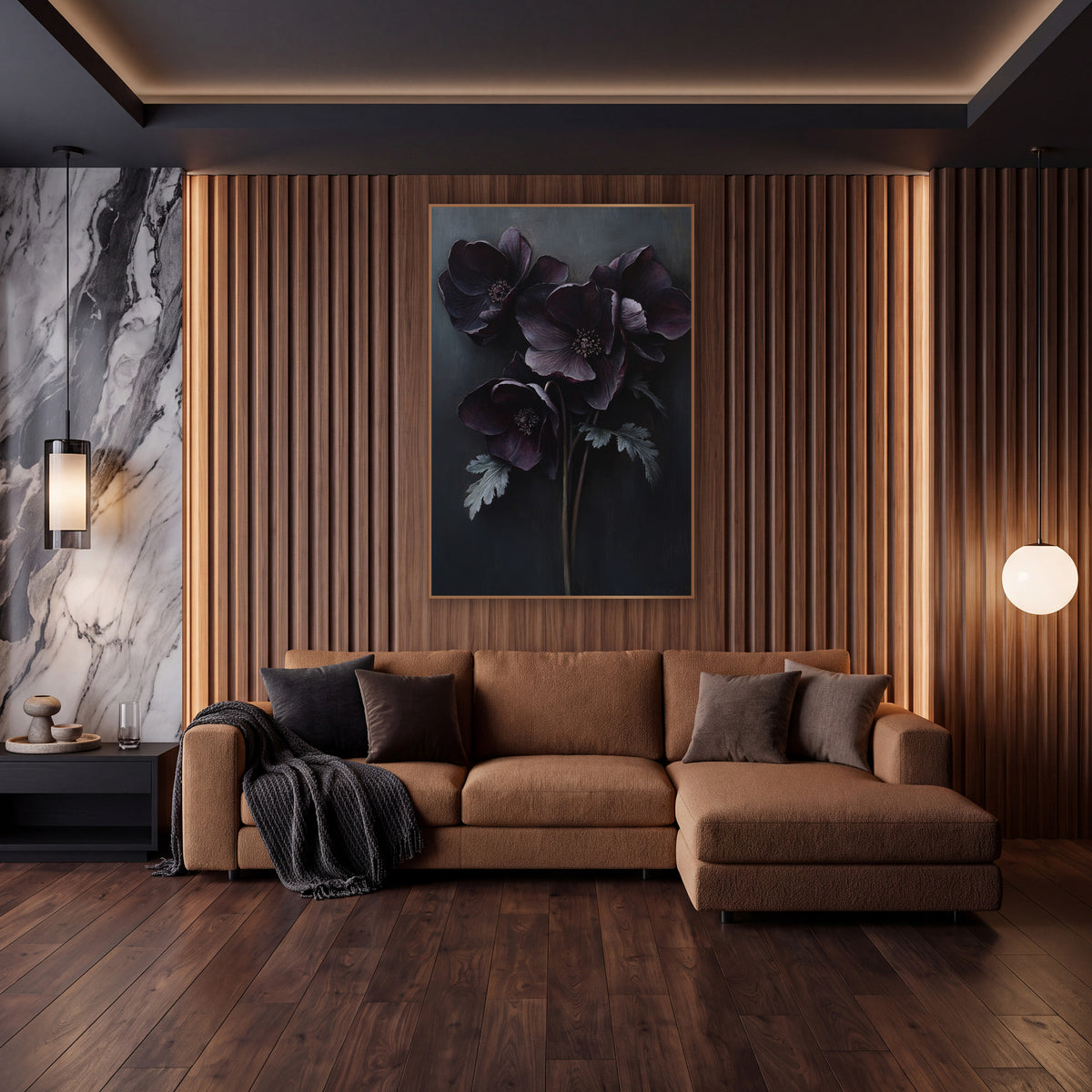 Dark Plum Hellebore Bouquet Moody Floral wall art in an elegant modern room – four dark plum hellebore flowers