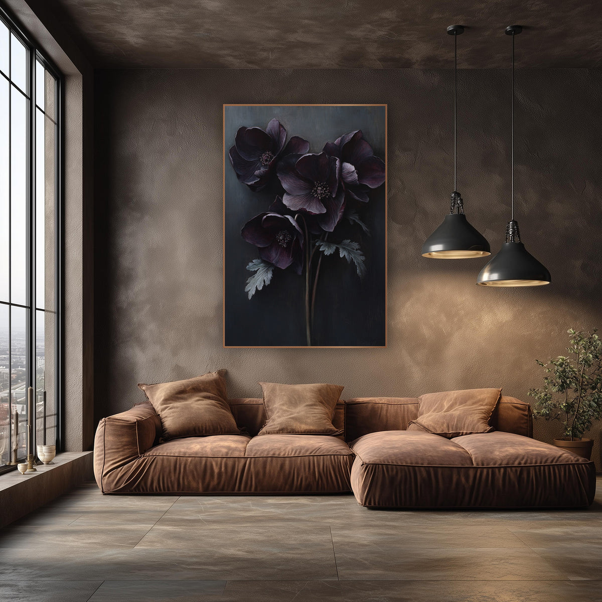 Dark Plum Hellebore Bouquet Moody Floral wall art in an elegant modern room – four dark plum hellebore flowers