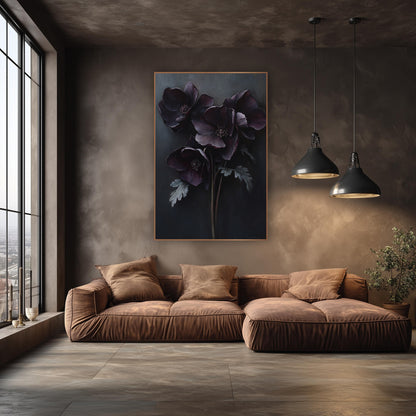 Dark Plum Hellebore Bouquet Moody Floral wall art in an elegant modern room – four dark plum hellebore flowers